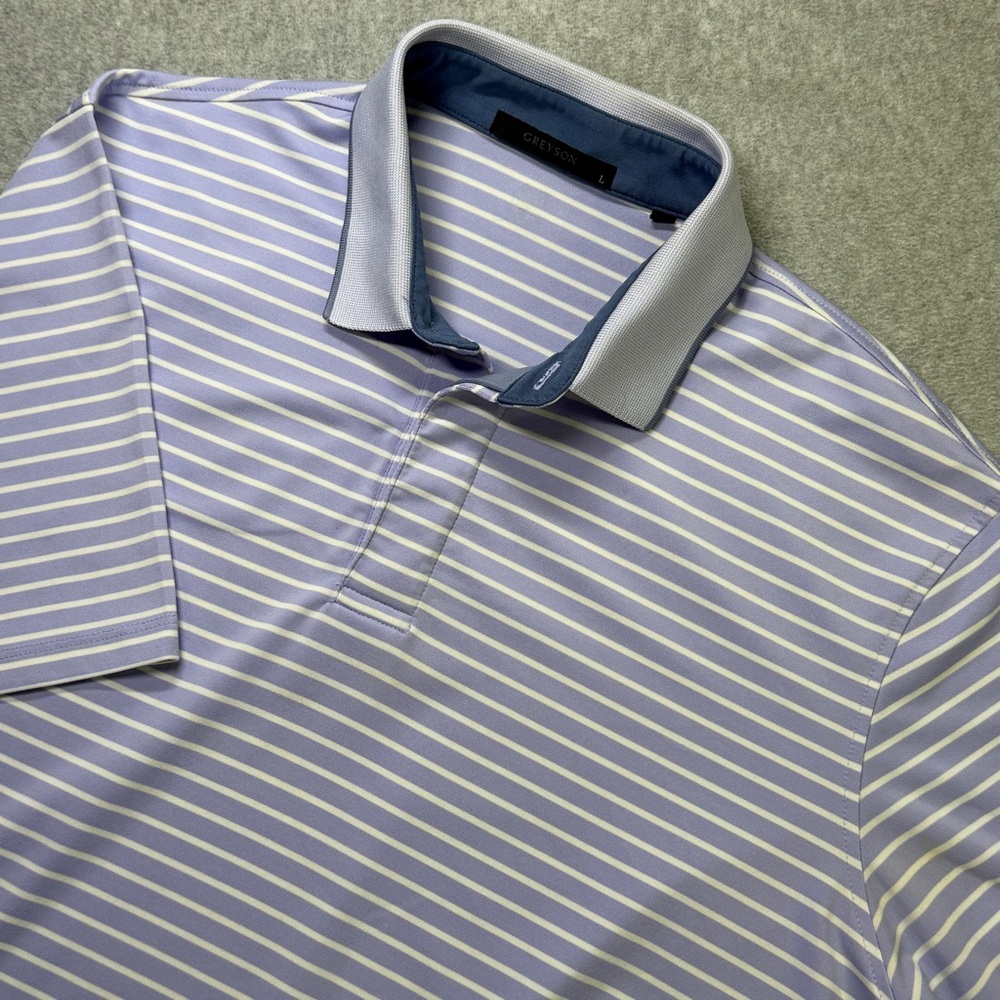 Greyson Golf Polo Shirt Large Purple Striped Performance‎ Short Sleeve